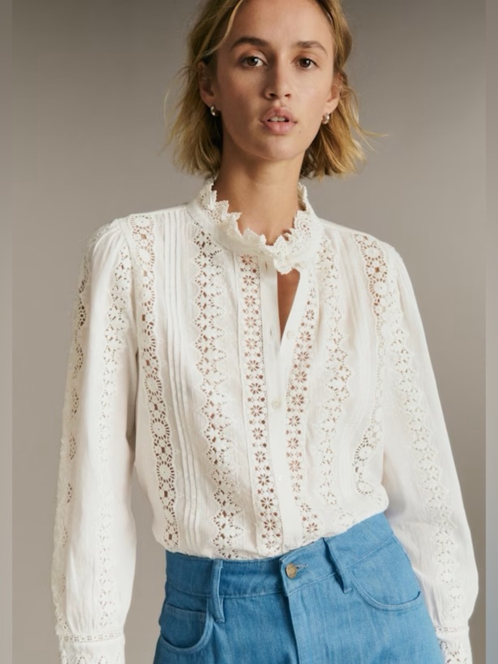 Sezane Rym Shirt Blouse Ecru White Embroidered Size 36 US 4